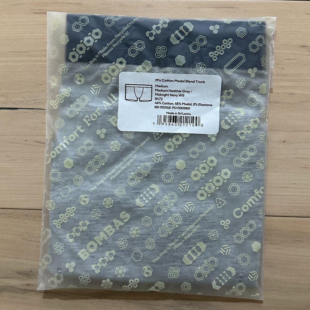 [NWT] Bombas Men's Cotton Modal Blend Trunk in Heather Grey/Navy WB (Medium)